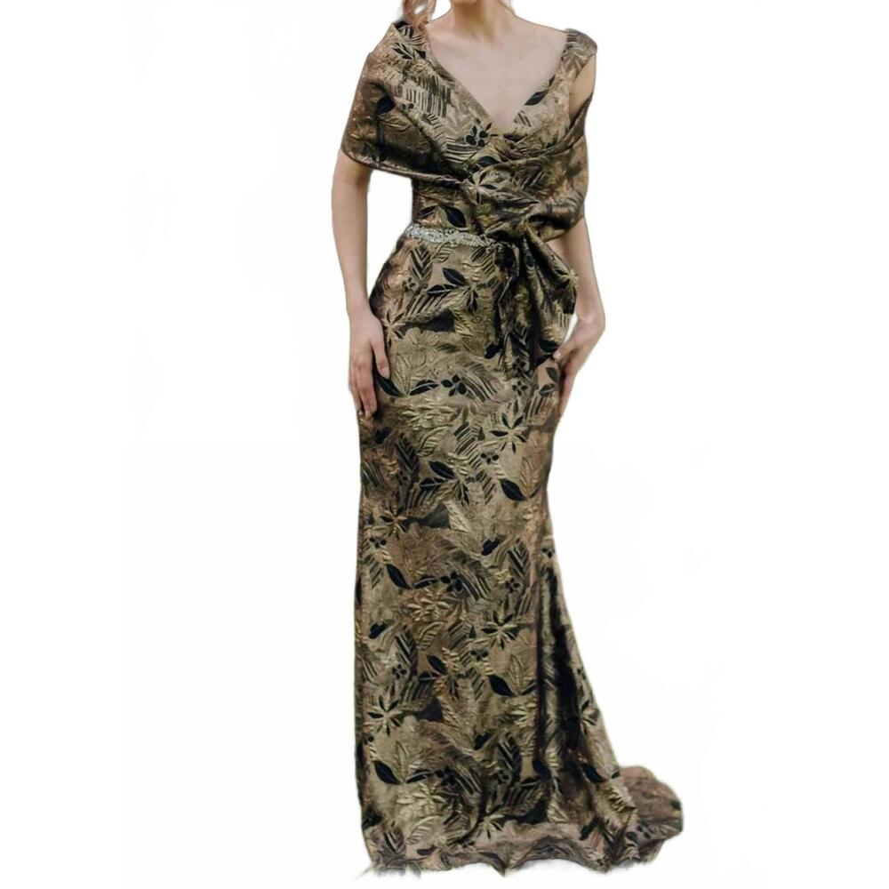NEW TERANI COUTURE long brocade v neck mermaid dress in black gold